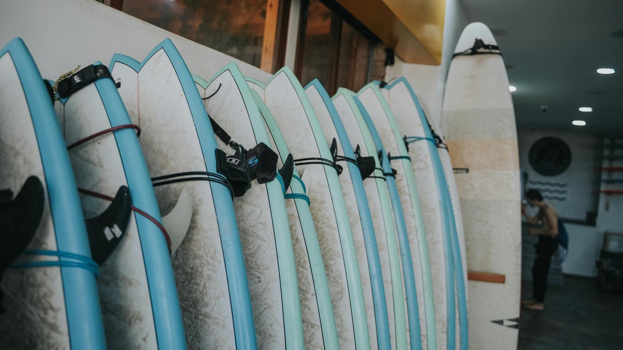 Collection of surfboards with FCS fin boxes