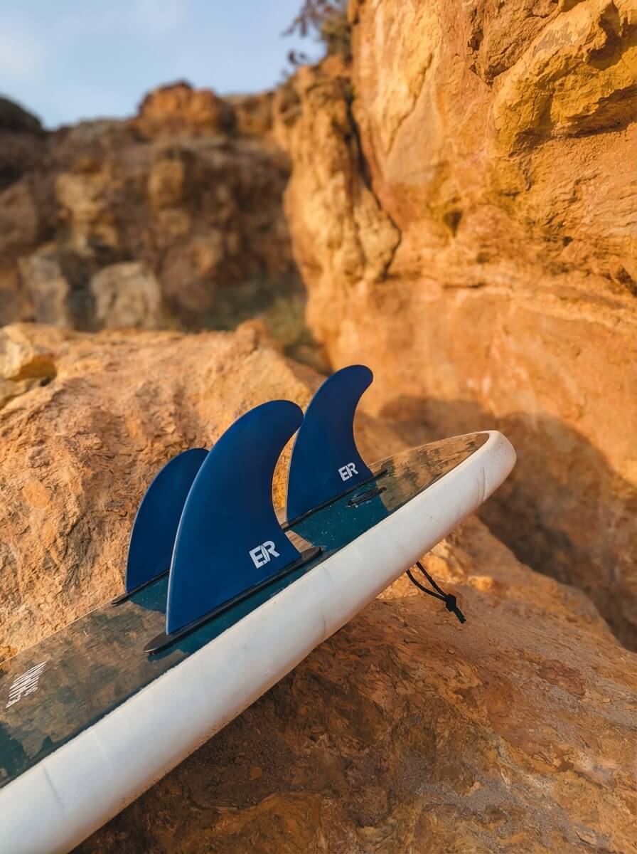 FCS surf fins on a surfboard in Portugal — what to pack for a Portugal surf trip