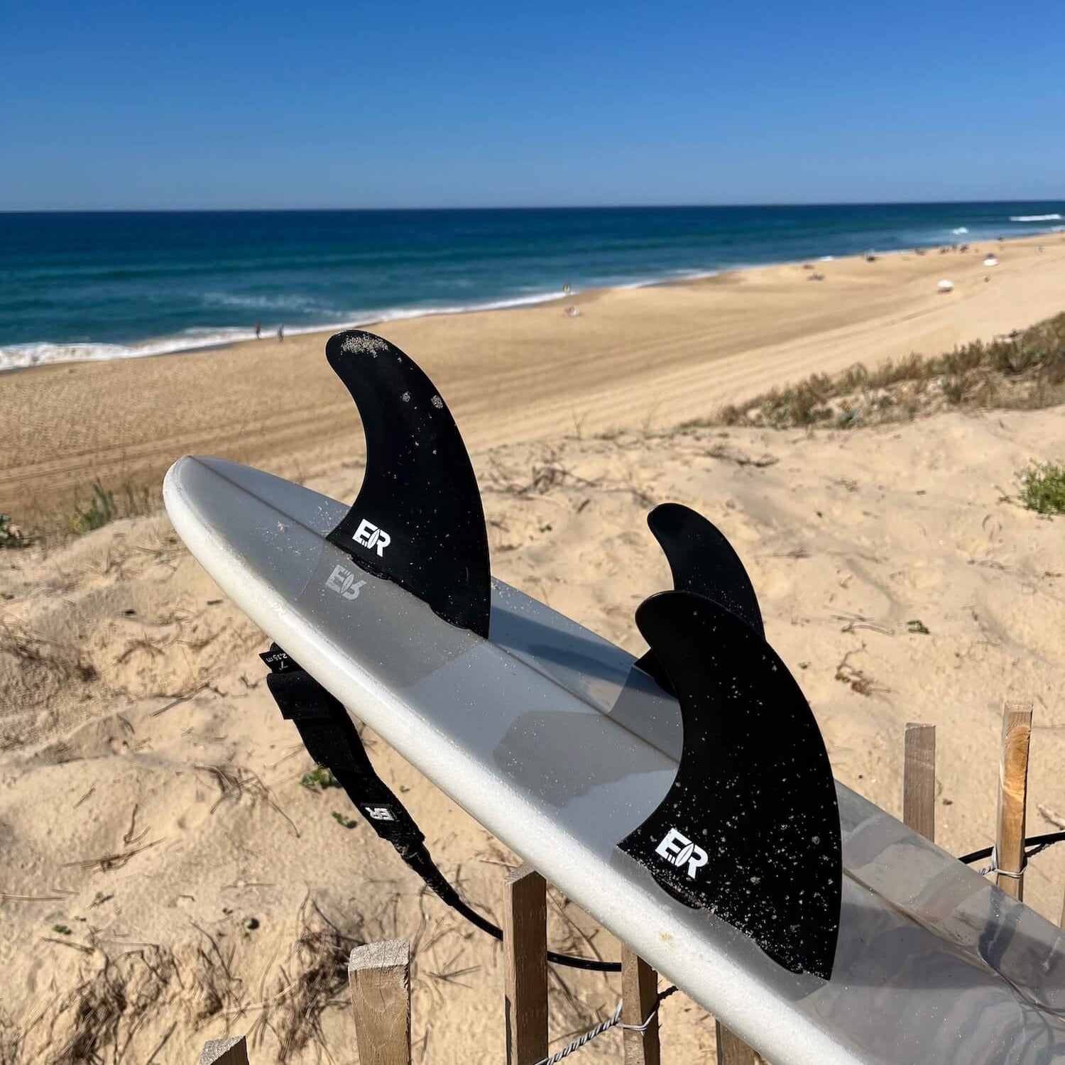 FCS Replacement Side Fins Mounted on Surfboard – Left and Right – River Surf Setup